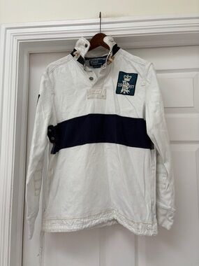 Polo by Ralph Lauren Vintage White Rugby Shirt with Navy Stripe